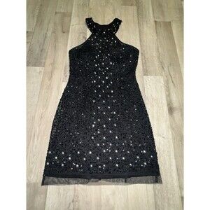 Mori Lee Glam Vintage Mini Halter Sequin Dress Beaded Silver Size 6